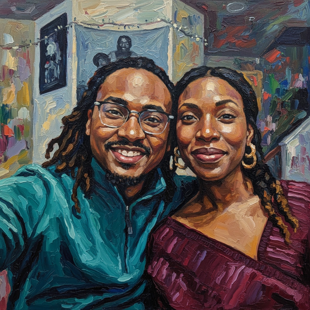 Oil painting style portrait of Uzoma and Maame